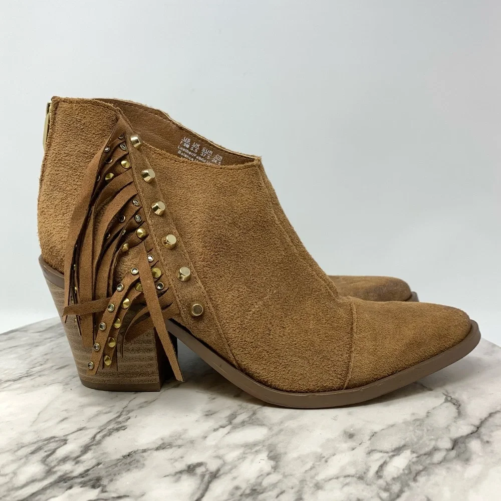 Fergie Bennie Brown Suede Studded Fringe Boots 7.5 Boho Prairie Cottagecore Moto